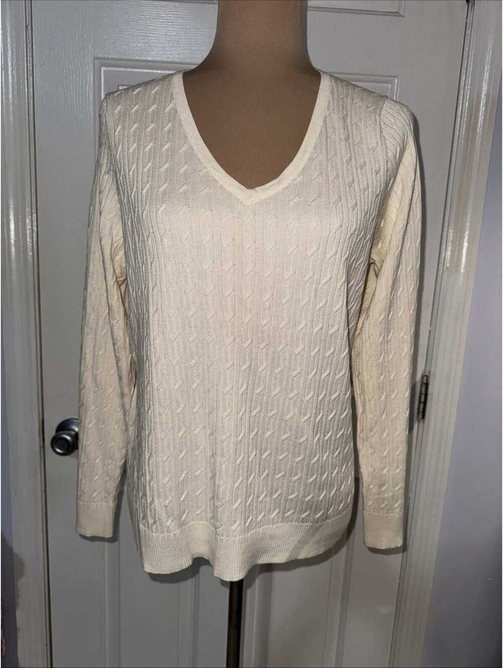 Talbots Pima Cotton Cable Knit Sweater Size XL Petite Ivory V Neck